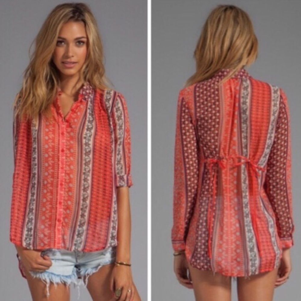 Free People | Patterned Semi Sheer Tie Blouse